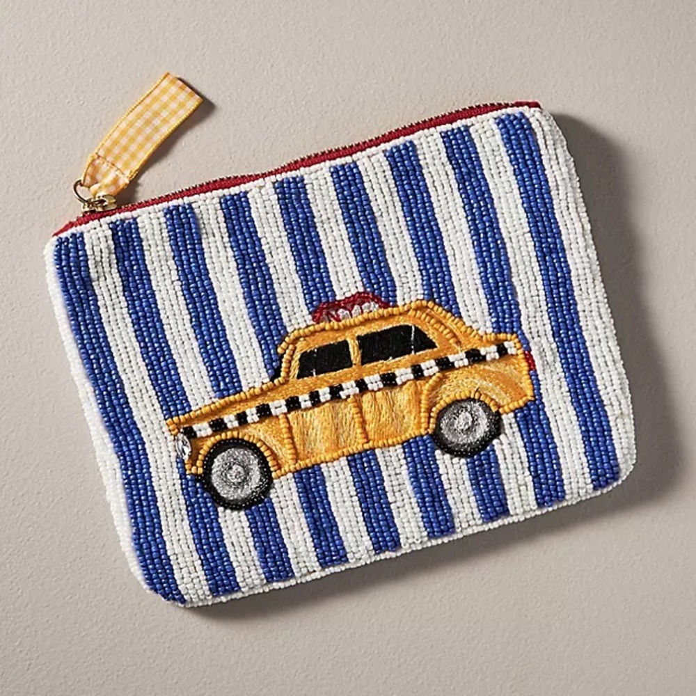 Anthropologie Beaded Taxi Pizza New York Pouch New Striped Taxi Beaded Pouch - Picture 1 of 9